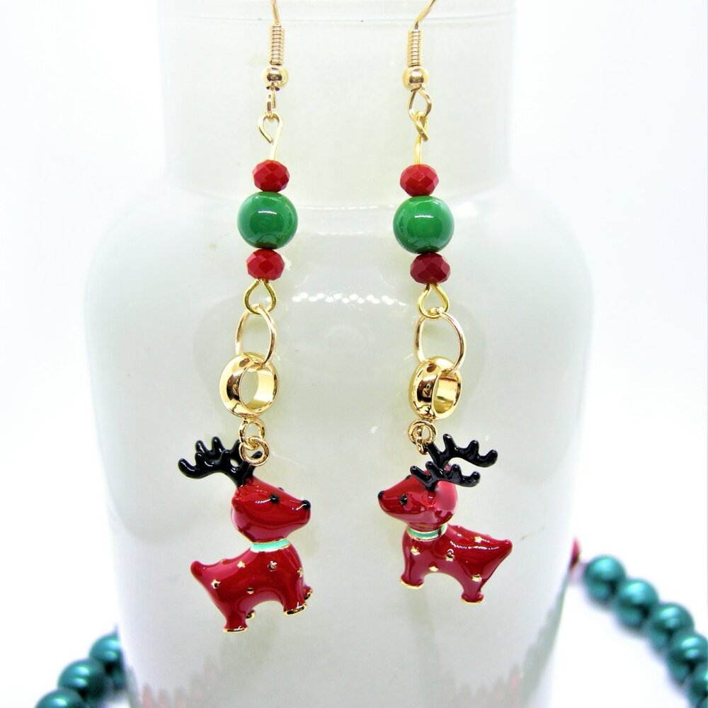 Handcrafted Glass Bead Christmas Necklace with Reindeer Earrings Set - Picture 8 of 12